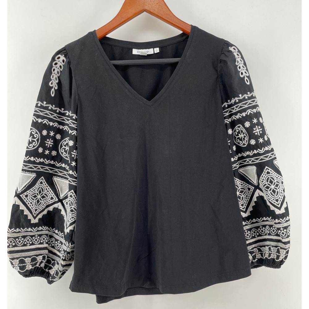 Chico's Embroidered Balloon Sleeve Top Womens Medium Black Artsy Western Boho